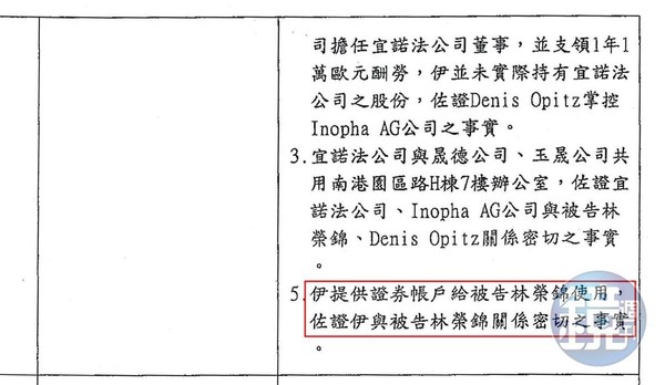 本刊取得Inopha AG資料，成立負責人Denis疑為人頭，黃淑芬親赴瑞士替公司開戶，親筆簽名曝光，加上證券帳戶供林榮錦使用，卷證資料也顯示2人關係密切（紅框處）。