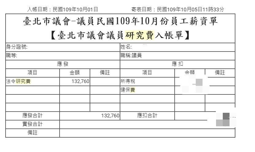 ▲▼台北市議會議員研究費入帳單。（圖／記者袁茵翻攝）