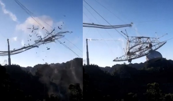 ▲▼阿雷西博天文台（Arecibo Observatory）倒塌，重達900噸的儀器凌空砸落。（圖／翻攝自YouTube／FOX 13 News Utah）