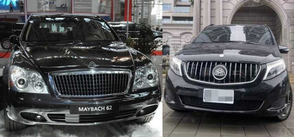 鍾男對外號稱保母車是頂級豪車邁巴赫(Maybach)(左),號稱價值千萬,全台僅此一輛,但實際上卻是拼裝車(右)。(圖/新華社、讀者提供)