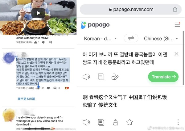 ▲Hamzy言論被大陸網友用翻譯機翻譯後，傳到微博上引起爭議。（圖／翻攝自韓國吃貨小姐姐Hamzy微博）