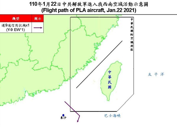 ▼共軍1架運9通信對抗機22日闖我西南空域。（圖／國防部提供）