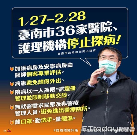 ▲台南市長黃偉哲指出，為因應防疫，台南市醫院、護理機構1月27日起全面禁止探病，請民眾配合。（圖／記者林悅翻攝）