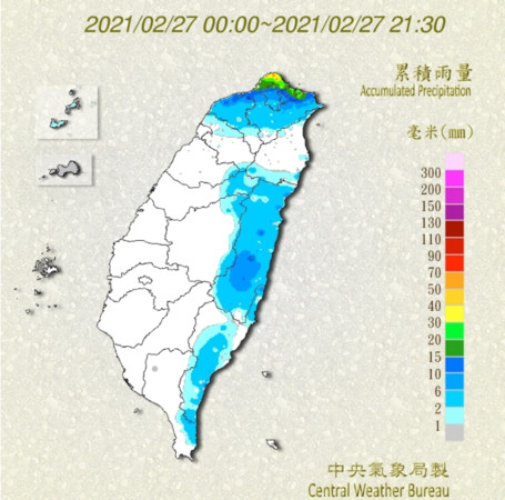 ▲今（27）日雨量多集中於北部及東半部地區。（圖／中央氣象局提供）