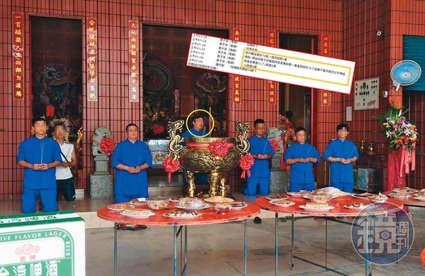 袁子洺(黃圈處)買農地開設「南天宮」當起主委,每月初一、十五會起乩。(讀者提供)