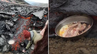 觀光客圍著火山口「爽煎培根蛋」野餐！　下秒整鍋直接被火山吃了