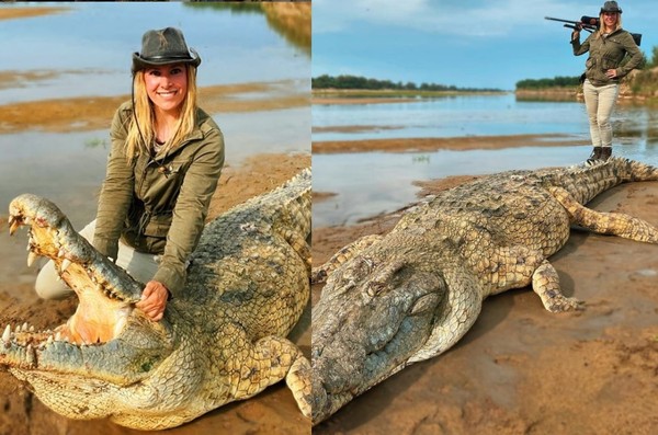 116種動物慘死她手！正妹再殺4.5公尺巨鱷　開心合照：要做新包包。（圖／翻攝自Instagram／larysaunleashed）