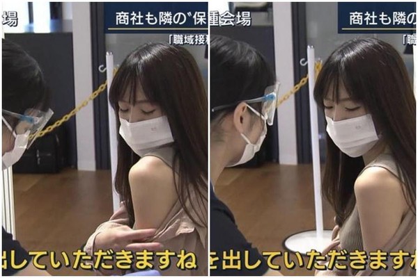 一名日本OL正妹接種疫苗畫面引發日、台網友暴動。（翻攝自日網）