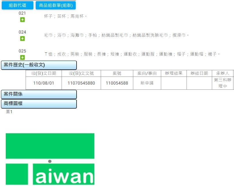 麟洋配決勝點「Taiwan in」被商人申請商標註冊。（圖／翻攝自智慧財產局網頁）