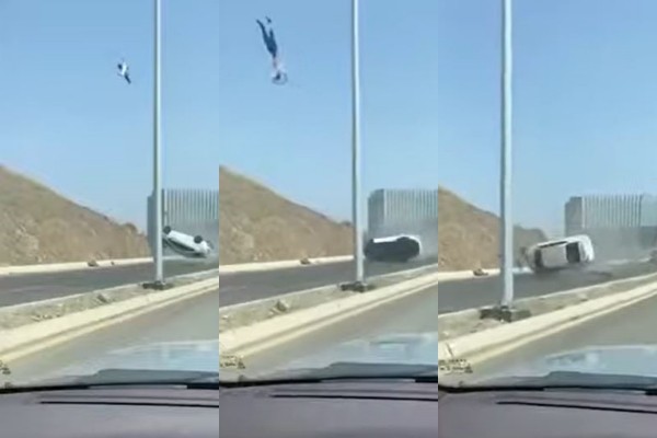 沙烏地阿拉伯一名大學講師發生車禍，整個人被拋飛到5公尺高的空中。（圖／翻攝自YouTube／عبدالملك الناصر）