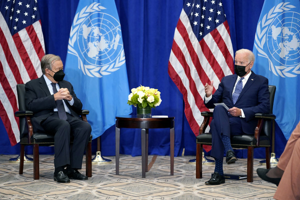 ▲▼美國總統拜登與聯合國秘書長古特瑞斯（Antonio Guterres）會晤。（圖／達志影像／美聯社）