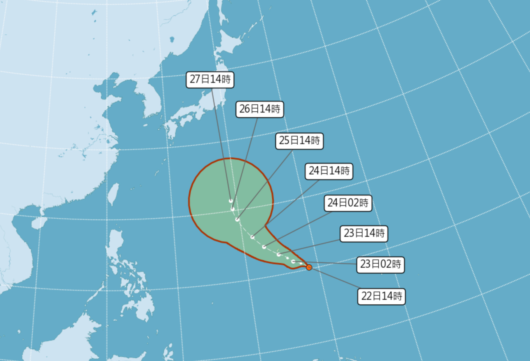 ▲熱帶性低氣壓有機會發展為颱風，往日本南方移動。（圖／氣象局）