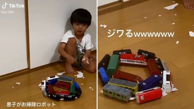 4歲小孩「火車玩具做出掃地機器人」　網大驚：垃圾真的集中了！