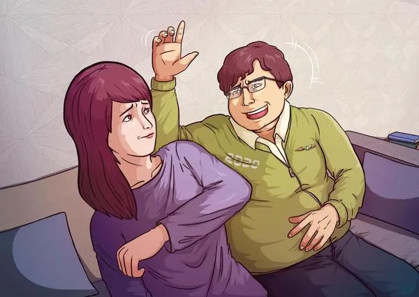 唐奕琦(右)約網友小香(左)到飯店聊天,卻趁機伸出鹹豬手。(示意畫面)