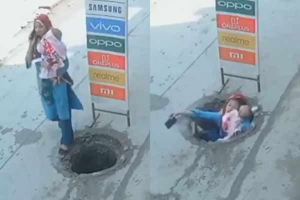 ▲▼ 印度媽媽抱著小孩摔進下水道。（圖／翻攝自YouTube）