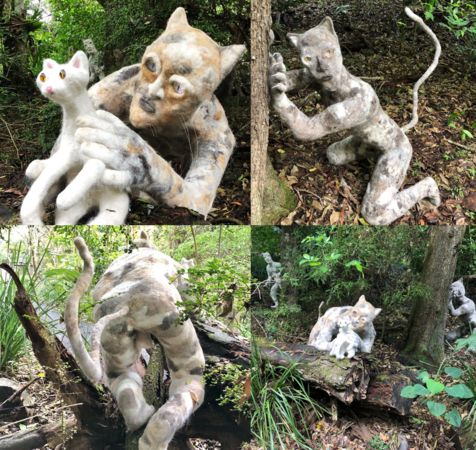 Jason Sank的貓人作品，搭配森林的環境，營造出詭異的氣氛。而外型獵奇的貓人，有許多細節設計都讓網友嘖嘖稱奇。（翻攝IG@gravelblot）