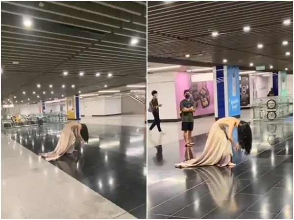 ▲▼馬來西亞吉隆坡捷運驚見「詭異長髮女」彎腰貼地,走路速度極慢,狀似女鬼。(圖/翻攝自TikTok/ellesman、alishaoqee、atisahira)