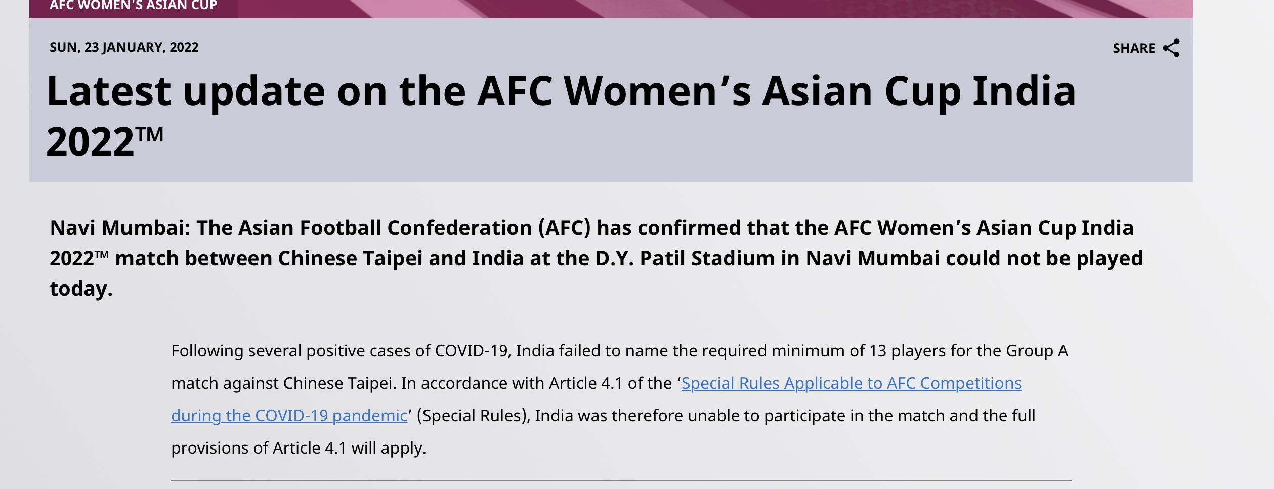 ▲▼亞足聯宣布中華女足對上地主印度的賽事無法進行  。（圖／取自AFC官網）