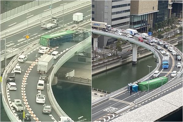 ▲▼ 日本阪神高速公路翻車事故。（圖／翻攝自推特）