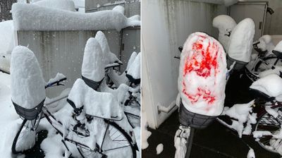 北海道狂雪自行車籃「堆成尖山」　網笑翻：是剉冰還是白飯？
