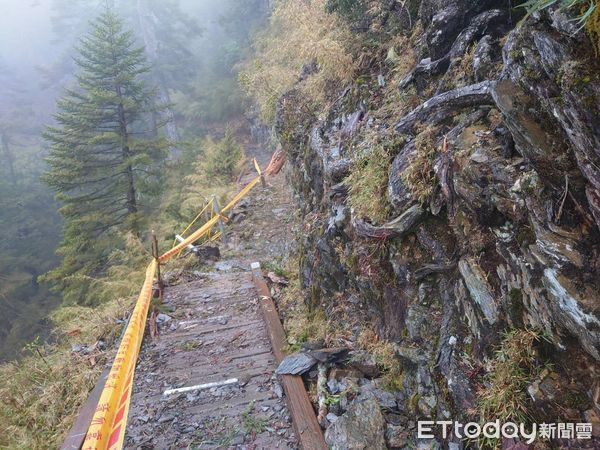 ▲玉山主峰線步道72號棧橋遭枯倒木擊中損毀。(圖/翻攝「玉山國家公園」臉書粉專)