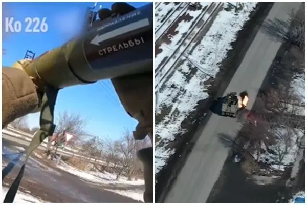 ▲▼烏克蘭士兵扛火箭砲擊中俄軍卡車。(圖/翻攝Telegram@ЮРІЙ МИСЯГІН)