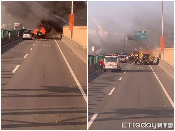 ▲▼ 台614車連環撞,一輛車起火燃燒 。(圖/記者鄧木卿翻攝)
