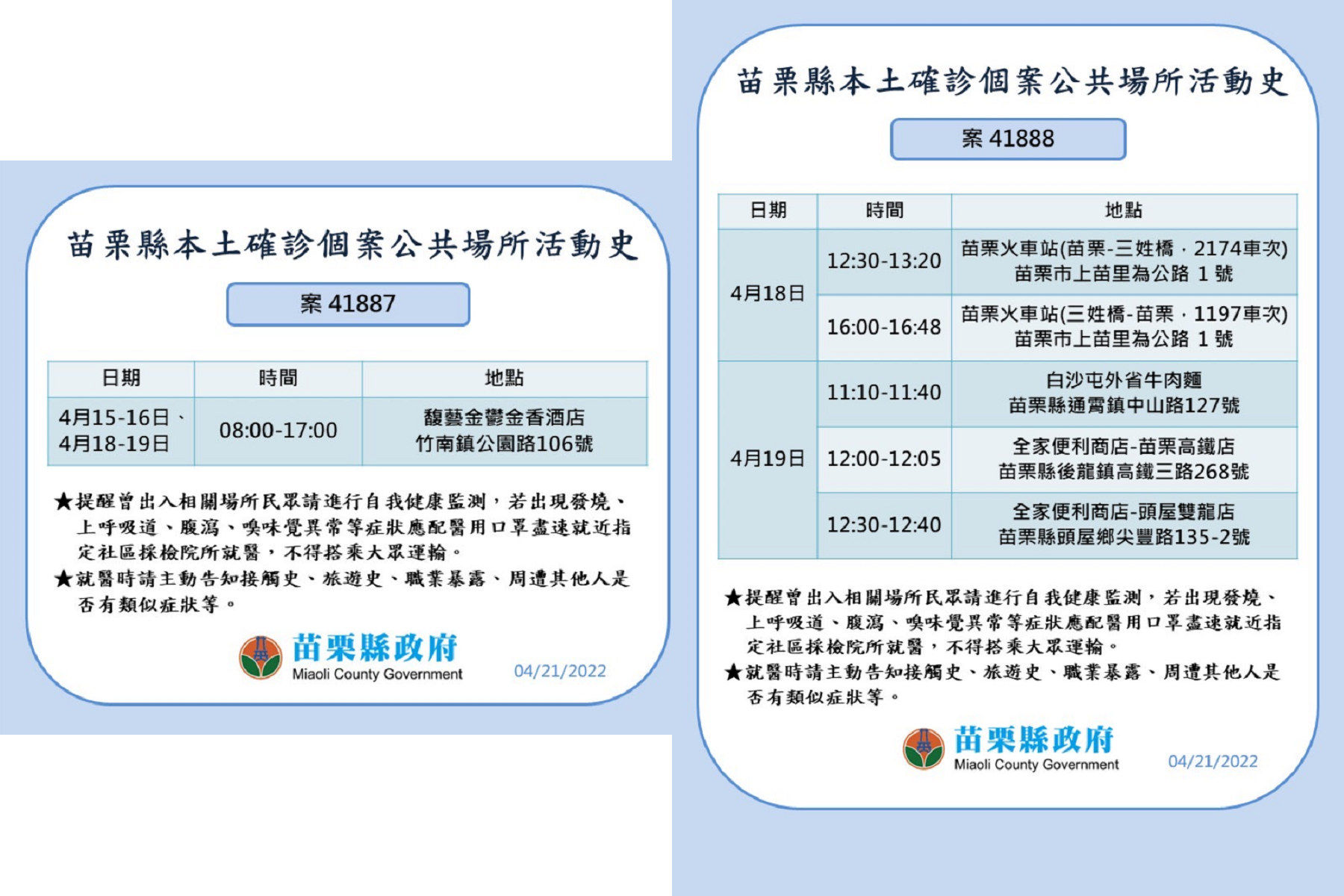▲苗栗縣政府21日公布新增確診19例,縣內8鄉鎮皆有足跡。(圖/記者黃孟珍翻攝,下同)