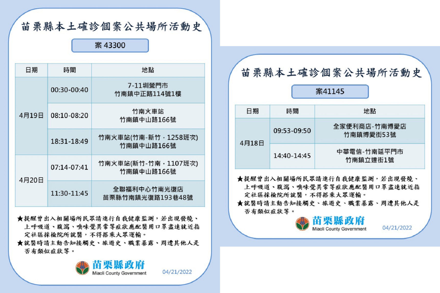 ▲苗栗縣政府21日公布新增確診19例,縣內8鄉鎮皆有足跡。(圖/記者黃孟珍翻攝,下同)