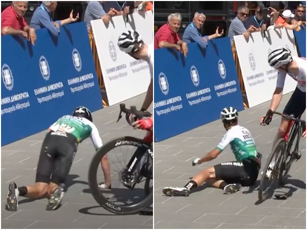 ▲▼西班牙自行車手普拉德斯（Eduard Prades）通過終點時不慎慘摔，不久後隨即被告知自己是第2名。（圖／翻攝自YouTube／GCN Racing）