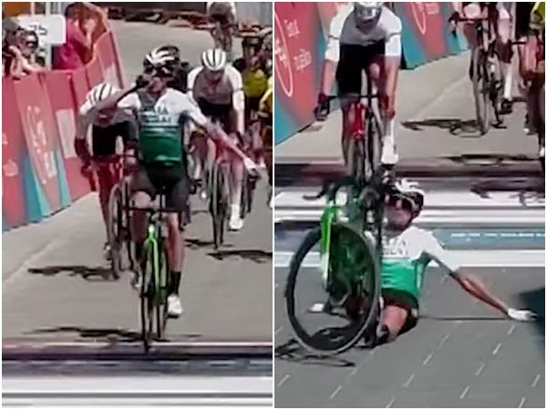 ▲▼西班牙自行車手普拉德斯（Eduard Prades）通過終點時不慎慘摔，不久後隨即被告知自己是第2名。（圖／翻攝自YouTube／GCN Racing）