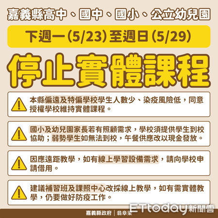 ▲▼ 嘉義縣高中以下學校5/23-5/29暫停實體課程一週。（圖／嘉義縣政府提供）