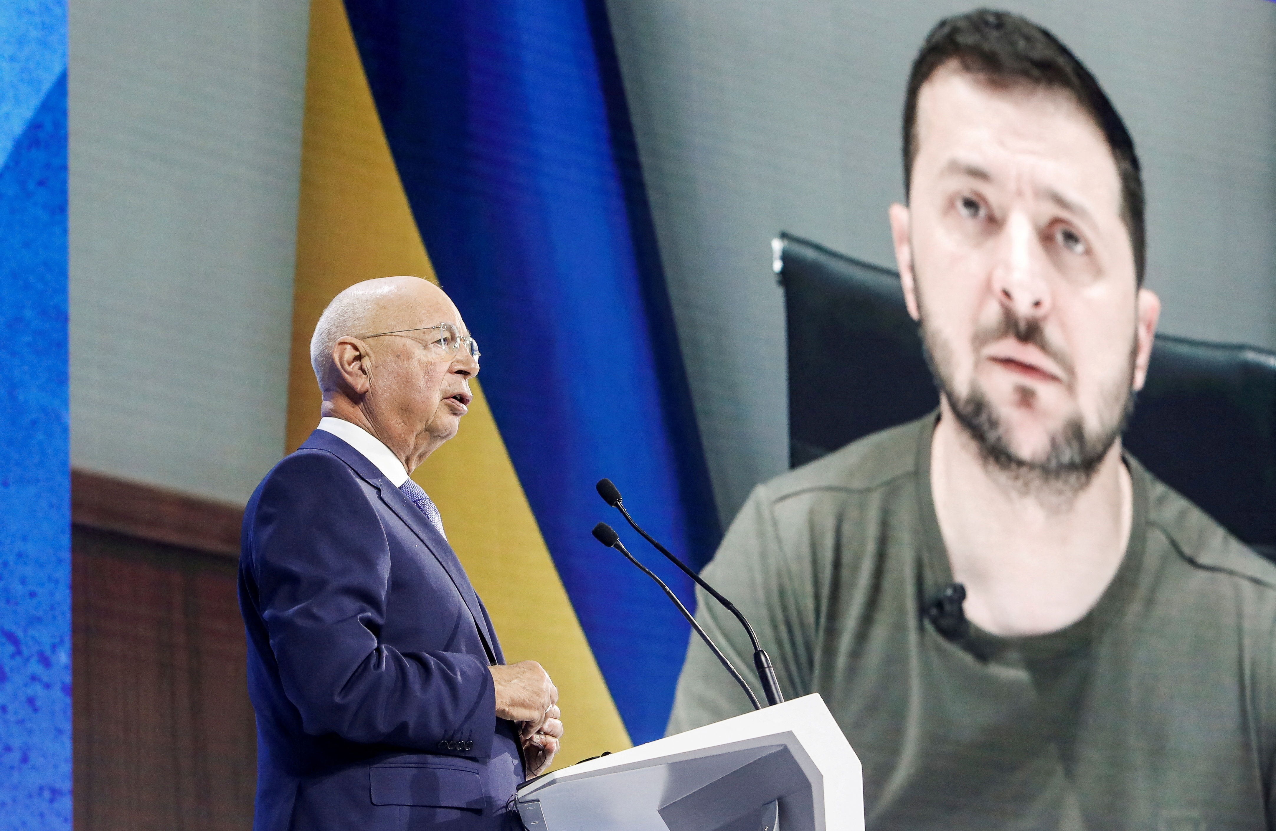 ▲▼烏克蘭總統澤倫斯基（volodymyr zelensky）在達沃斯論壇發表視訊演講。（圖／路透）