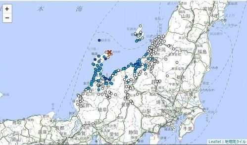 日本能登半島在今日上午10時31分左右，發生震度5強的強震。（翻自日本氣象廳）