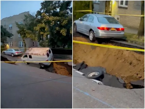 ▲▼紐約18日遭遇一場嚴重暴雨侵襲,多地出現淹水情況,道路更驚現「天坑吞車」場景。(圖/翻攝自推特)