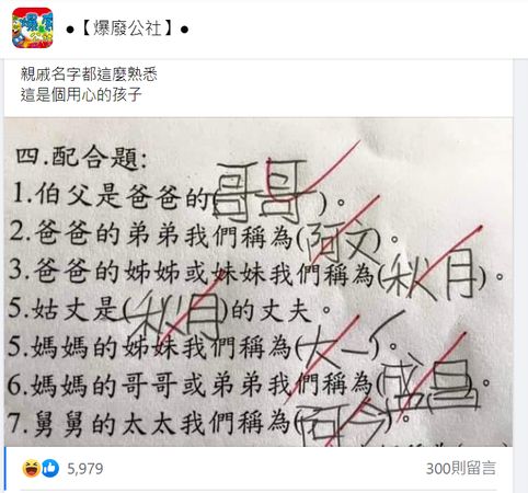 ▲網友分享有孩子在稱謂表中「將親戚名全交代」。（圖／翻攝自臉書《爆廢公社》）