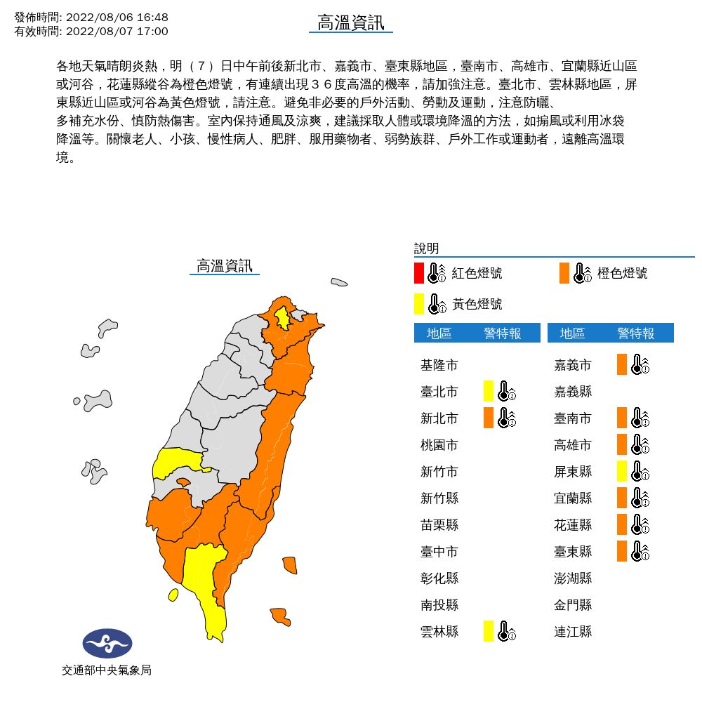 ▲▼氣象局針對10縣市發布高溫燈號。（圖／氣象局提供）