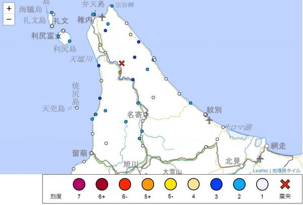 ▲▼日本北海道北部發生規模5.1地震 最大震度5弱。（圖／翻攝自日本氣象廳）