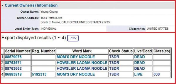據查顯示，「MOM'S DRY NOODLE」被註冊後，老媽拌麵變換多次名稱，申請都未被許可。（翻攝自美國商標專利局官網）