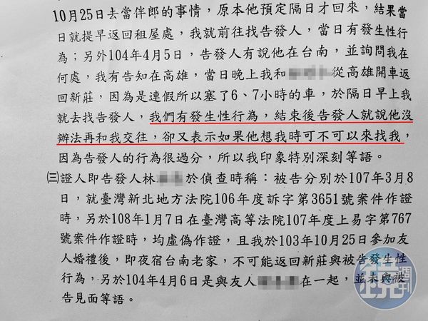 小芬證稱,她與林姓教練發生性關係後,對方提出分手。