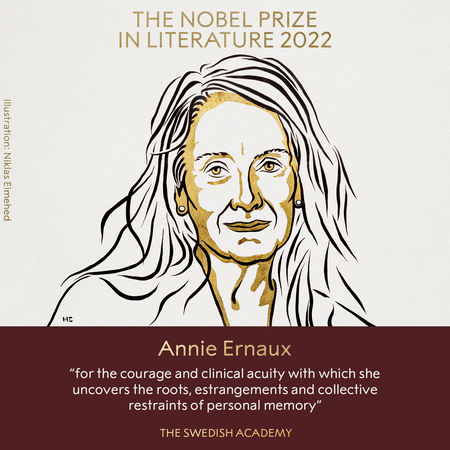▲▼2022年諾貝爾文學獎得主，由82歲的法國作家安妮艾諾（Annie Ernaux）獲獎。（圖／翻攝自The Nobel Prize）