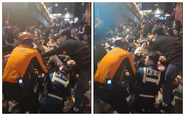 ▲▼梨泰院踩踏事件起因畫面,堆疊的人體填滿2層樓。(圖/翻攝自推特/@ha_hello__)