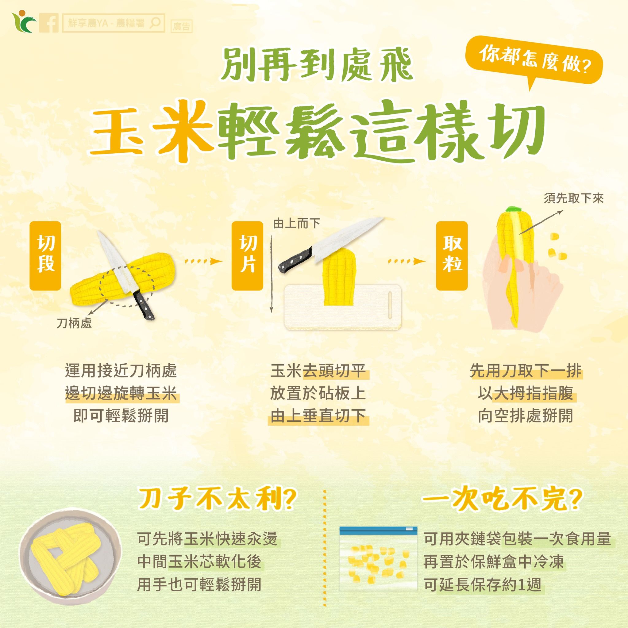 ▲農糧署在臉書分享三種切玉米的訣竅。(圖/農委會農糧署提供)