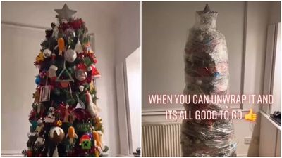 每年裝飾太耗時！英國媽「保鮮膜包聖誕樹」　網見效果驚嘆：天才