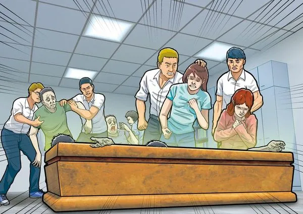 詐團幹部逼L女及其他人近距離觀看棺材內的屍體,要他們乖乖聽話。