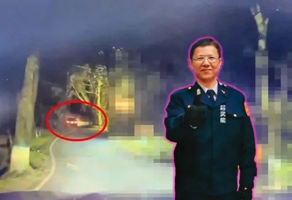 莊武能(小圖)被因涉及恐嚇取財案遭逮,還拒絕下車配合,並開車衝撞警車逃逸(紅圈處),遭連開9槍制止就逮。(大圖翻攝畫面,小圖翻攝苗栗縣警局粉絲頁)