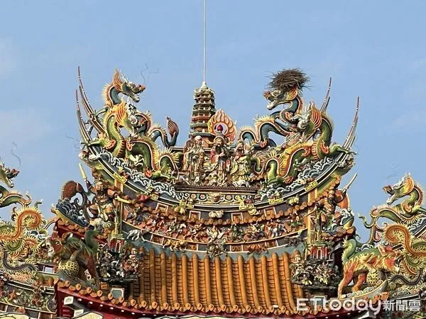 ▲▼喜鵲在苗栗五穀宮廟頂龍頭上築巢,廟方認為神威顯赫,是好兆頭。(圖/記者蔡文淵攝)