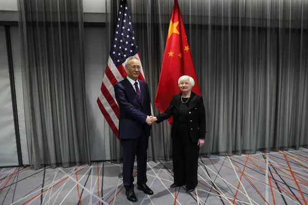 ▲▼美國財政部長葉倫(Janet Yellen,右)與中國副總理劉鶴面談。(圖/路透社)