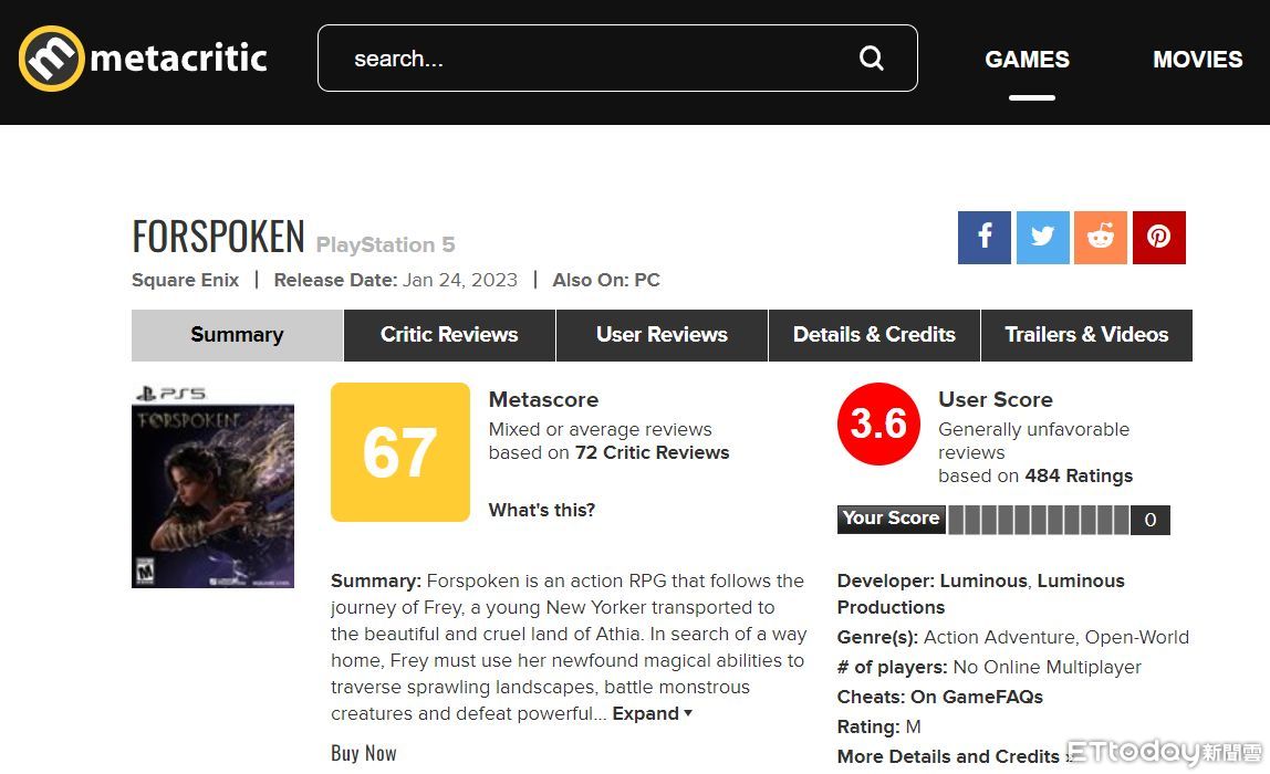 ▲▼Square Enix,魔咒之地,Forspoken,Metacritic。（圖／翻攝自Metacritic）