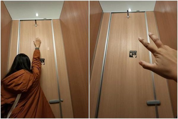 網友抱怨她在南港車站A棟3樓的女廁如廁時發現，門板上的掛鉤太高。（翻攝自爆廢公社二館臉書社團）